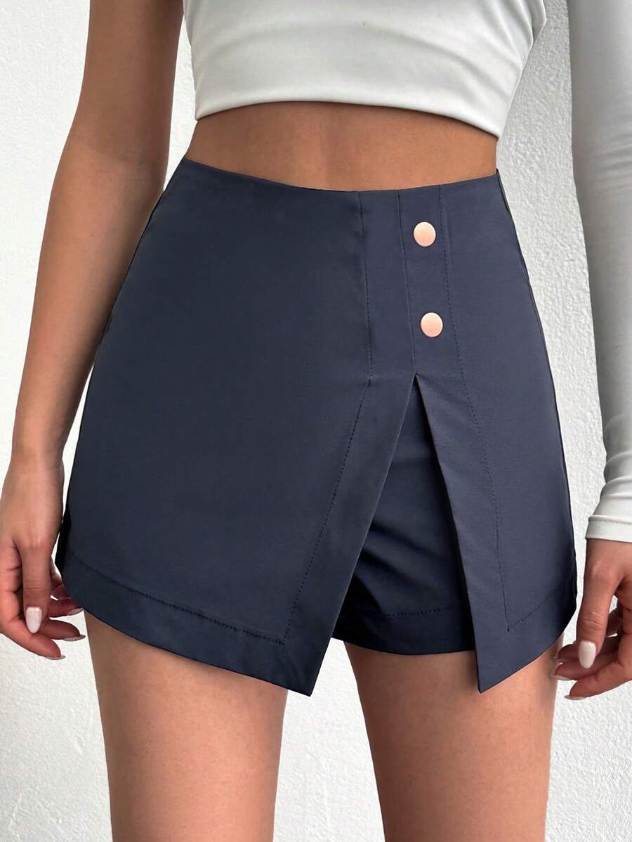 EURMUSE Women'S Button Decoration Split Hem Skort - Navy Blue - View 1