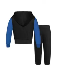 Chàng trai trẻ Khối màu Áo Zip Up Hoodie Và Quần Set bộ đồ thể thao - Màu xanh lam - Xem 2