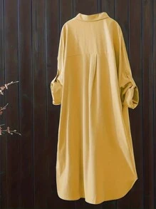 Women's Solid Color Roll-Up Sleeve Long Shirt, Casual And Fashion For Daily Wear - Yellow - View 2