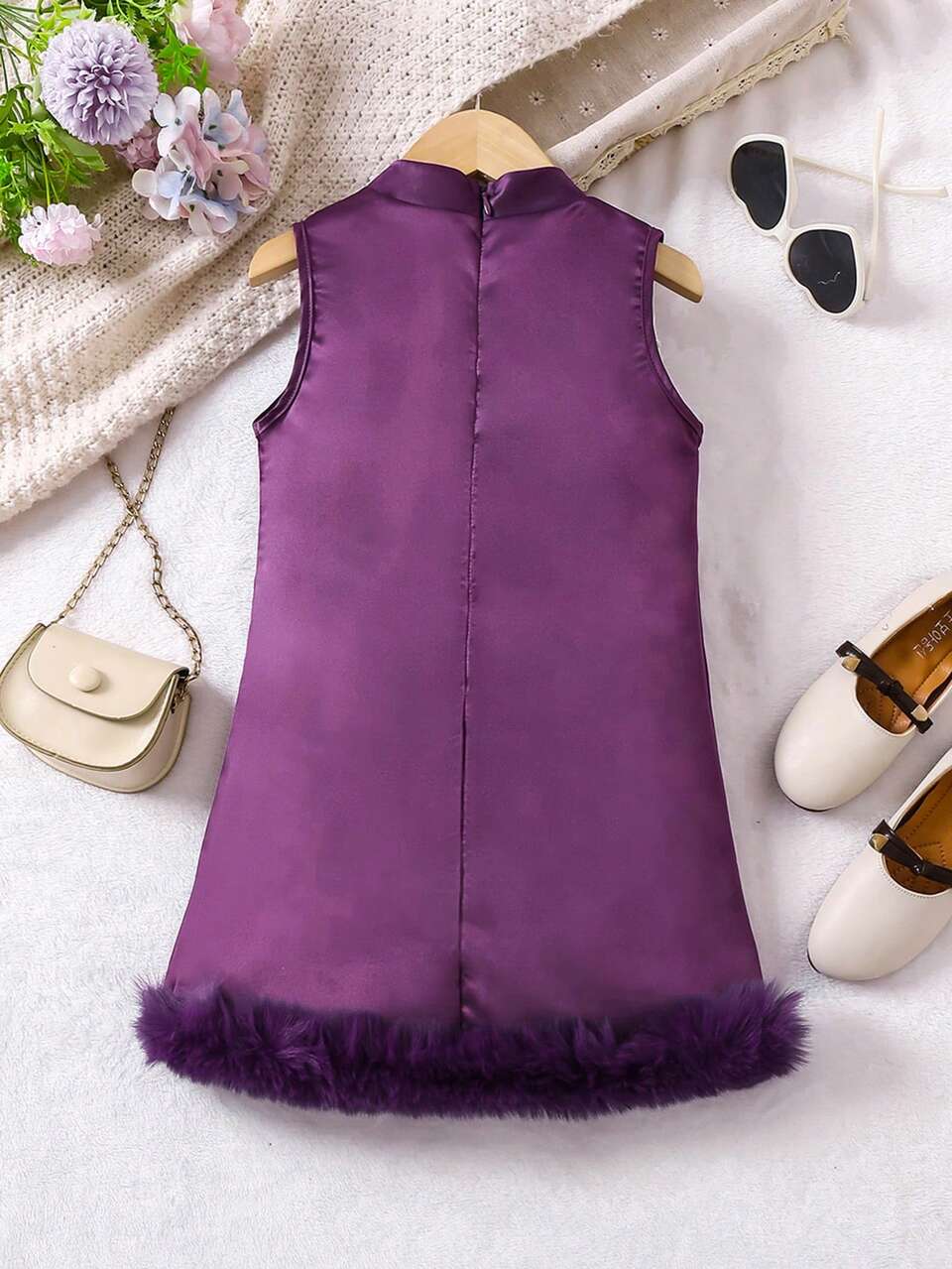 Young Girl Geometric Ribbon Patchwork Hem Furry Sleeveless Dress