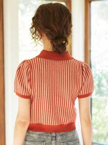 Knit Mix Women's Knitted French Style Commuter Top, Striped Short Sleeve Contrast Color Cropped Cardigan For Spring & Autumn, Slim Fit With Random Patterns Back To School Fall Women Clothes Autumn - Red - View 2