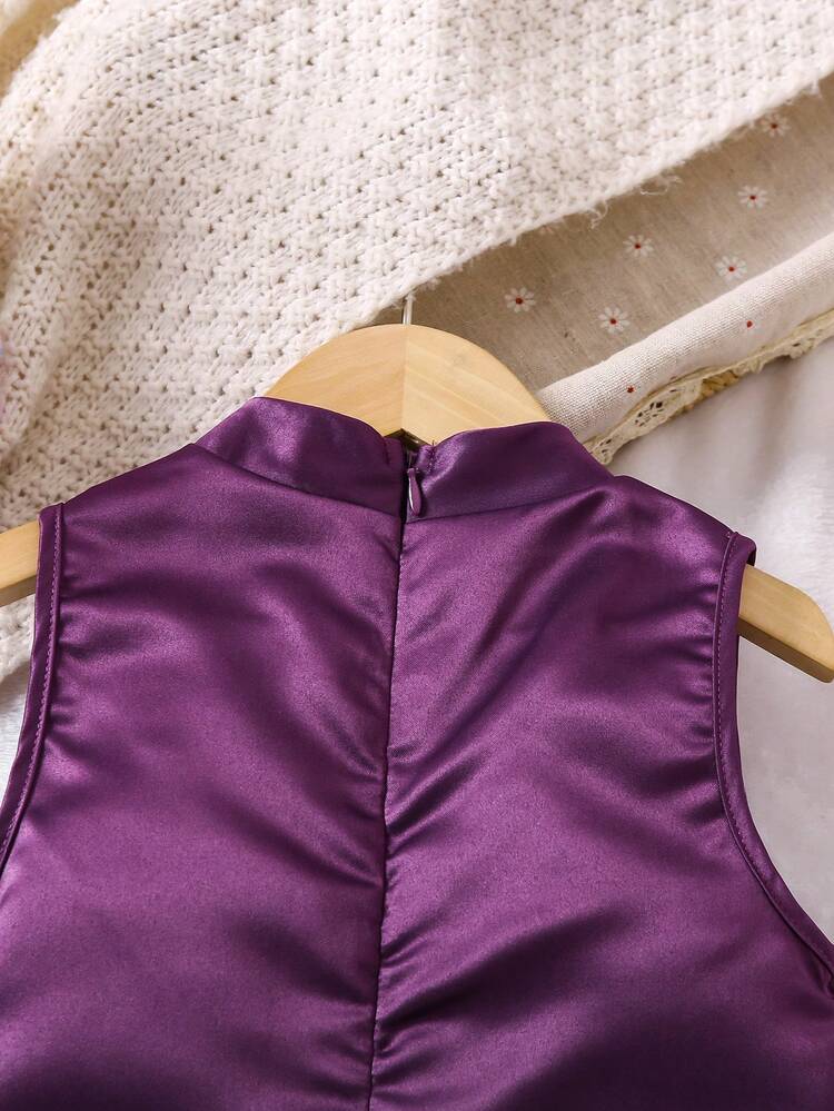 Little Girls' Geometric Ribbon Patchwork Hem Furry Sleeveless Dress