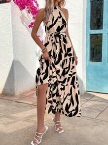 SHEIN VCAY 女性多層拼接塔式結構荷葉邊花卉露背連衣裙 - 杏色 - 查看 3