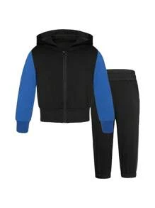 Chàng trai trẻ Khối màu Áo Zip Up Hoodie Và Quần Set bộ đồ thể thao - Màu xanh lam - Xem 1