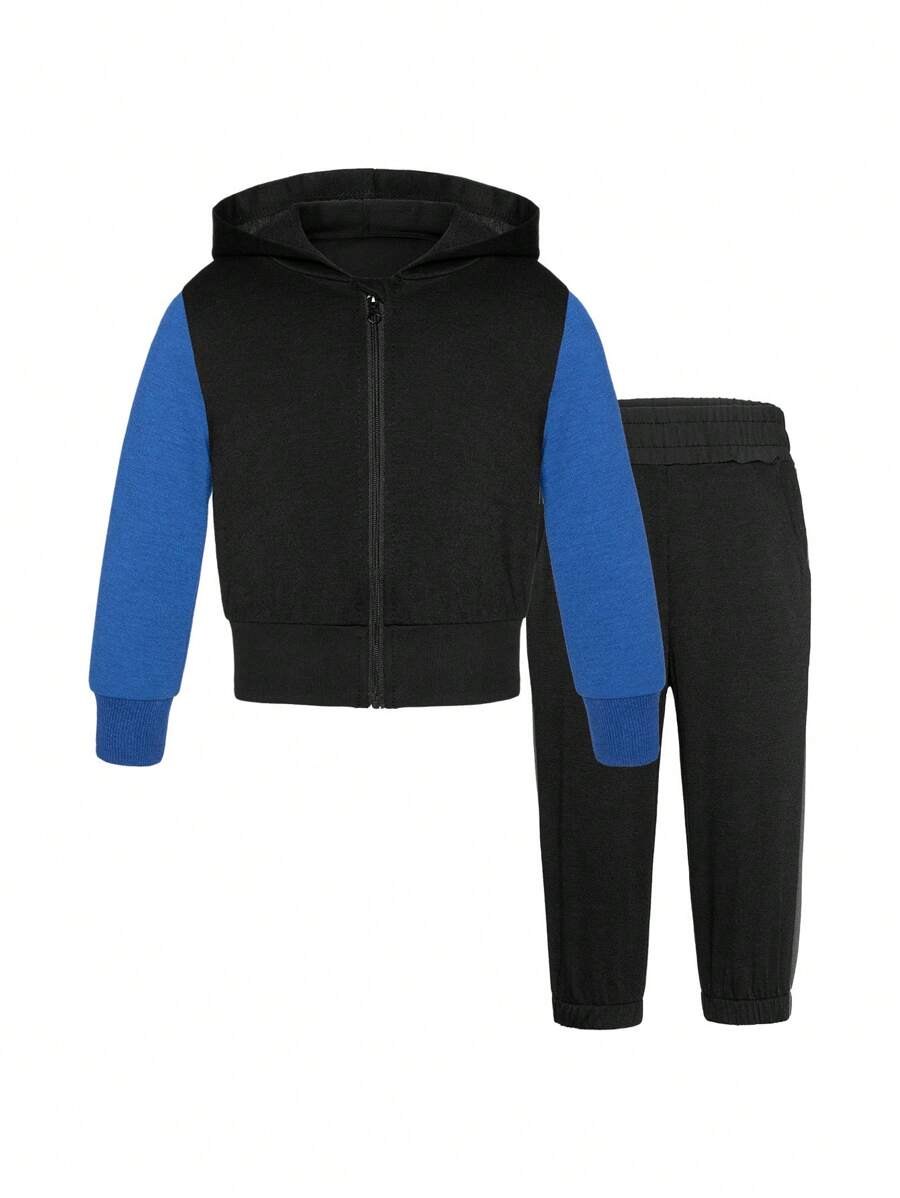 Chàng trai trẻ Khối màu Áo Zip Up Hoodie Và Quần Set bộ đồ thể thao - Màu xanh lam - Xem 1