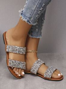 Kích thước lớn Của phụ nữ Mùa hè Đúng mốt Toàn trận Dép phẳng Với Pha lê Đồ trang trí , Mềm mại , Chóp giầy mở ra , Ngoài trời Giải trí Dép đi trong nhà - Rỉ Nâu - Xem 5