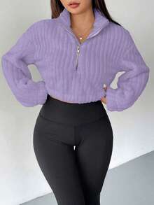 SHEIN EZwear 女士純色毛絨拉鍊短款運動衫 - 紫色 - 查看 4