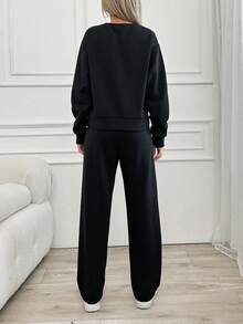 EURMUSE Women's Butterfly Printed Sweatshirt And Pants Two-Piece Set - Black - View 2