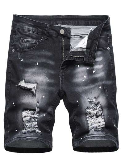 Manfinity Roughcore Guys Ripped Frayed Splash Ink Print Denim Shorts