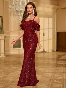 UNITHORSE 无袖闪光优雅派对舞会礼服、新娘礼服、生日女士服装、毕业礼服、正式礼服 - 酒紅色 - 查看 4