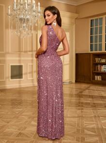 UNITHORSE Women's Minimalist Daily Wear Asymmetrical Neck Sequin High Slit Maxi Dress Party Dress Wedding Guest Dress Formal Dress Evening Dress, Bride Dress, Birthday Women Outfits, Graduation Dress, Fall Women Clothes - Dusty Pink - View 2