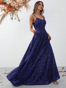 Faeriesty Sequin Decor Cami Floor Length Formal Dress - Navy Blue - View 6