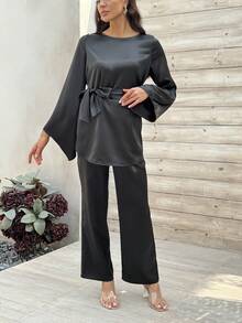 腰帶襯衫和褲子套裝 - 黑色 - 查看 6