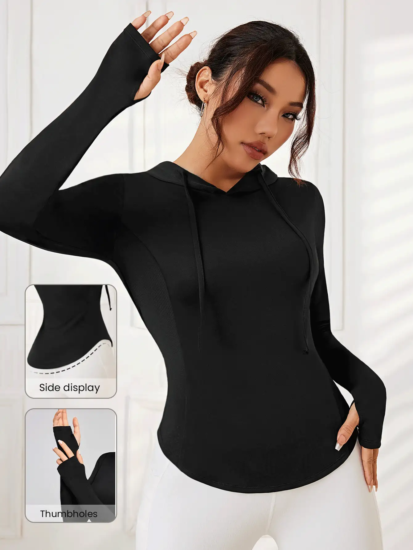 Gameset SHEIN Sport 女士抽绳连帽运动长袖运动衫 - 黑色 - 查看 3
