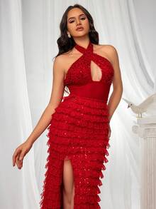 VIPGIRL 红色露背亮片高开叉美人鱼连衣裙 - 优雅派对礼服 - 紅色 - 查看 6