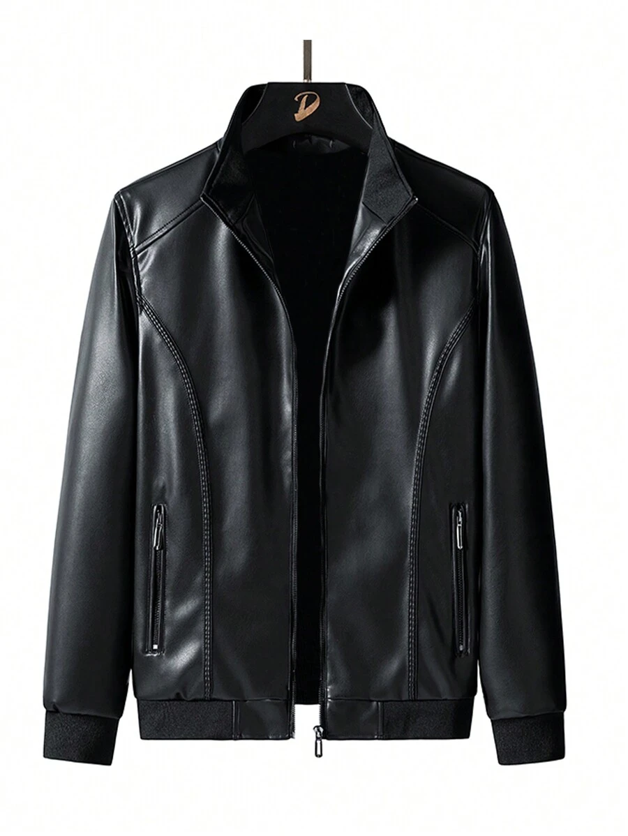 Men's Thickened Thermal Lined Leather Jacket - Black - View 1