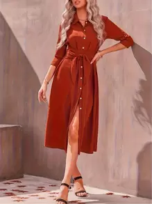 Women's Long Sleeve Tie Button Solid Dress, Summer Vacation Daily - Red - View 1