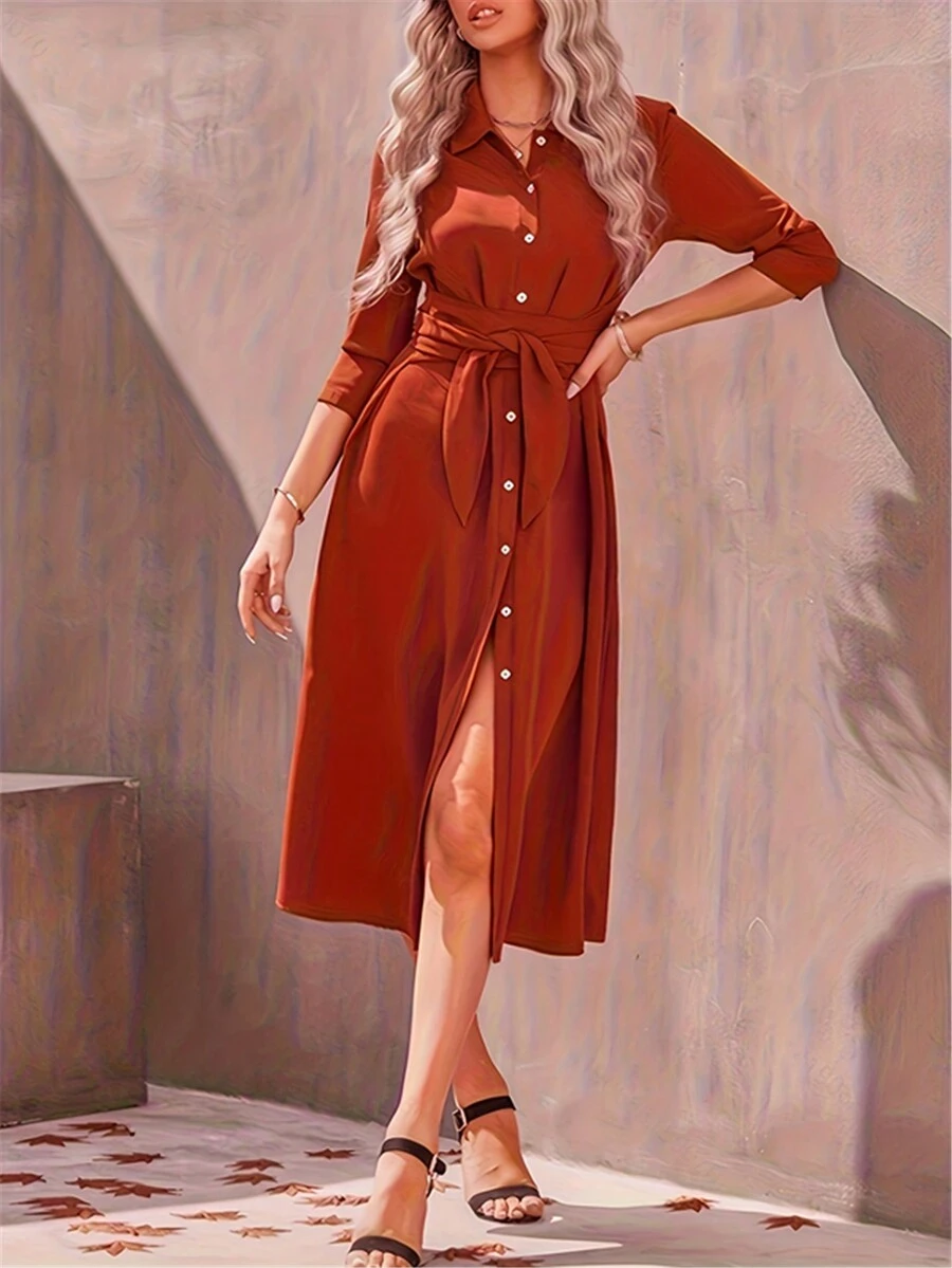 Women's Long Sleeve Tie Button Solid Dress, Summer Vacation Daily - Red - View 1