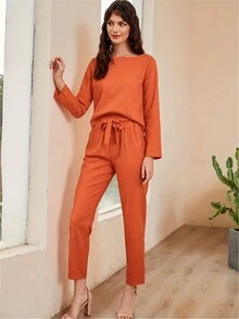 Women Solid Color Long Sleeve Top And Slant Pocket Casual Pants Set - Coral Orange - View 3