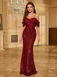 UNITHORSE 无袖闪光优雅派对舞会礼服、新娘礼服、生日女士服装、毕业礼服、正式礼服 - 酒紅色 - 查看 6