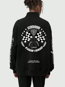 ROMWE MEN Grunge Punk Men Flag & Slogan Graphic Half Zip Sweatshirt - Black - View 1