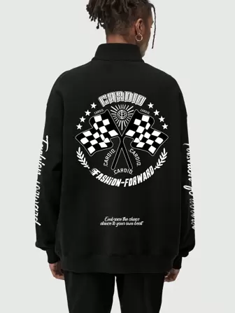 Grunge Punk Sudadera Con Media Cremallera Para Hombres Con Gráficos De Bandera Y Eslogan