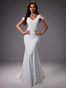 UNITHORSE Elegant & Gorgeous Embroidered Dress With Waist Decoration White Wedding Bridal Dress, All White Party Outfit Women - White - View 1