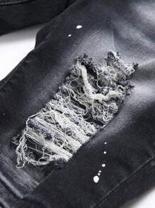 Manfinity LEGND 男士棉质破洞磨边泼墨印花牛仔短裤纯色牛仔短裤黑色牛仔短裤，适合送给老公、男朋友的礼物 - 黑色 - 查看 3