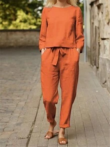 Women Solid Color Long Sleeve Top And Slant Pocket Casual Pants Set - Coral Orange - View 1