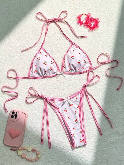 Swim Mod Summer Beach Women's Cherry Printed Plaid Halter Bra & Bikini Set Bottom Two-Piece Bikini Set Valentine Cute Bathing Suits Bikini Set