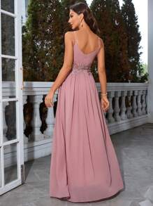 Elegant Party Waist Embroidered Chiffon Spaghetti Strap Bridesmaid Dress - Pink - View 3