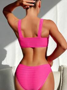 SHEIN Swim Bộ bikini màu trơn dành cho nữ đi biển mùa hè - Màu Hồng Tươi - Xem 2