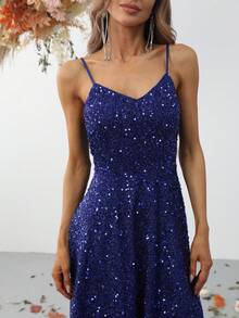 Faeriesty Sequin Decor Cami Floor Length Formal Dress - Navy Blue - View 3