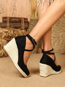 女士極簡踝帶編織度假仿麂皮淺口坡跟鞋