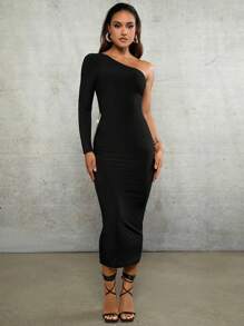 SHEIN BAE Vestido Largo Negro Ceñido, De Un Solo Hombro, Manga Larga, Sin Espalda, Con Cruz Y Cadena Decorativa Para Mujeres - Negro - Ver 5
