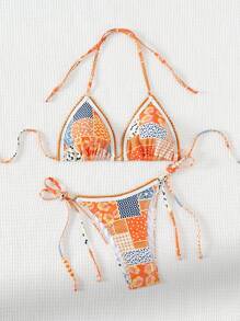 SHEIN Swim 夏日海滩拼布印花两件套比基尼套装音乐节 - 彩色 - 查看 4