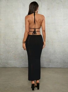 Silquee Cover Ups Black Crochet Sexy Deep V-Neck Hollow Slit Spring And Summer Holiday Clothes Mid-Length Women's Dress - Black - View 2