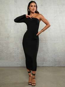 SHEIN BAE Vestido Largo Negro Ceñido, De Un Solo Hombro, Manga Larga, Sin Espalda, Con Cruz Y Cadena Decorativa Para Mujeres - Negro - Ver 6