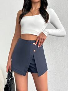 EURMUSE Women'S Button Decoration Split Hem Skort - Navy Blue - View 4