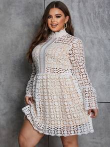 Eilly Bazar Plus Size Women's Lace Stand Collar Dress - White - View 3