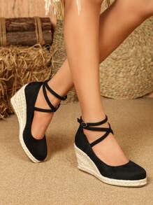 女士極簡踝帶編織度假仿麂皮淺口坡跟鞋