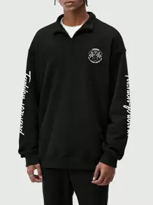 ROMWE MEN Grunge Punk Men Flag & Slogan Graphic Half Zip Sweatshirt - Black - View 2