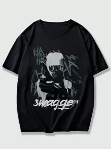 ROMWE MEN Street Life Men's Character Monogram Short-sleeved T-shirt - Black - View 1