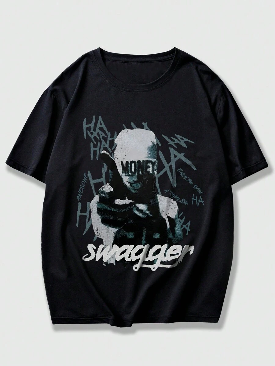 ROMWE MEN Street Life Men's Character Monogram Short-sleeved T-shirt - Black - View 1