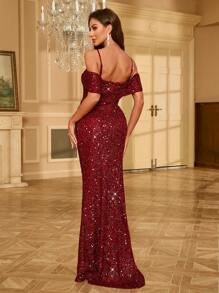 UNITHORSE 无袖闪光优雅派对舞会礼服、新娘礼服、生日女士服装、毕业礼服、正式礼服 - 酒紅色 - 查看 2