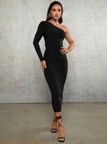 SHEIN BAE Vestido Largo Negro Ceñido, De Un Solo Hombro, Manga Larga, Sin Espalda, Con Cruz Y Cadena Decorativa Para Mujeres - Negro - Ver 2
