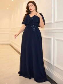 UNITHORSE 加大码女式 V 领雪纺连衣裙派对礼服婚礼宾客礼服正式礼服晚礼服、新娘礼服、生日女士服装、毕业礼服、长袍 - 藏蓝色 - 查看 3