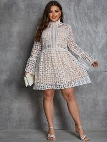 Eilly Bazar Plus Size Women's Lace Stand Collar Dress - White - View 6