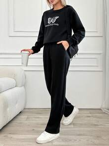 EURMUSE Women's Butterfly Printed Sweatshirt And Pants Two-Piece Set - Black - View 4