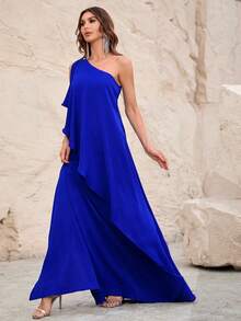 Faeriesty One Shoulder Ruffle Trim Chiffon Party Dress - Royal Blue - View 3
